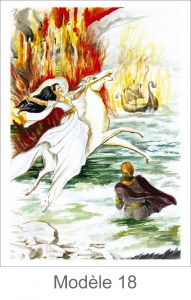Crépuscule des Dieux - Acte III Scène III  Brünnhilde saute dans le Rhin à cheval, flambeau à la main.  Le feu se transmet au Walhalla Hagen plonge pour tenter de récupérer l’Anneau.  Les Filles du Rhin le noient et récupèreront l’Anneau.